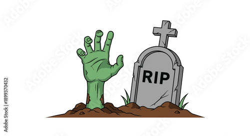 Decaying green zombie hand reaches out of the ground next to a grey tombstone with RIP on it for a spooky scene.
