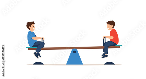 Two happy young boys play together on a blue and brown seesaw, enjoying a fun and active day at the playground.