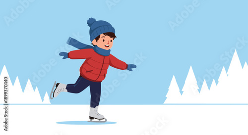 Happy young boy wearing a red jacket, blue hat, and scarf glides gracefully on ice in a snowy winter landscape.