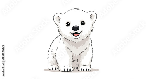 Cute polar bear cub with white fur and black nose sits and looks forward with a gentle and happy expression.