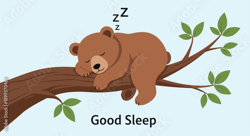 Wild brown bear sleeps peacefully on a tree branch under a clear blue sky, dreaming of a deep and good sleep.