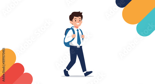 Happy young school boy in a white shirt, blue pants, and tie walks happily with a blue backpack on his shoulders.