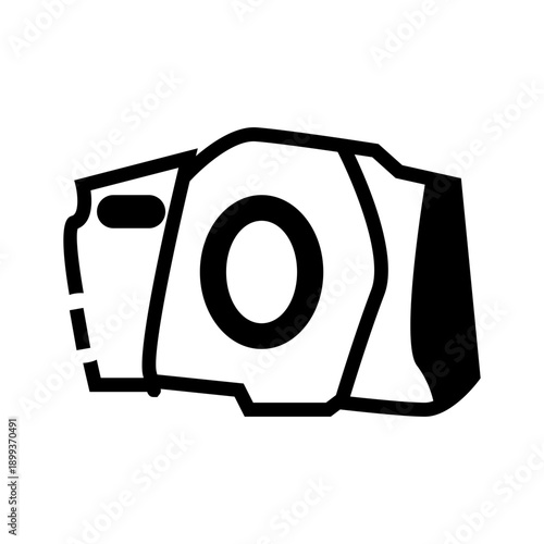 Black and white camera bag icon with zipper and lens compartment, simple flat design.