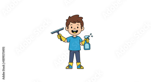 Smiling young boy holding a window squeegee and a spray bottle of cleaner is ready for his household chores.