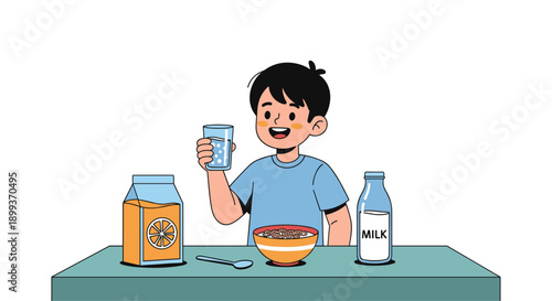 Happy young boy sitting at a table eating a healthy breakfast with cereal bowl, orange juice, milk, and a glass of water.
