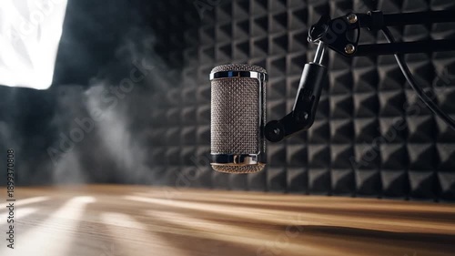 Professional studio microphone on a stand in acoustically treated room with dramatic light.