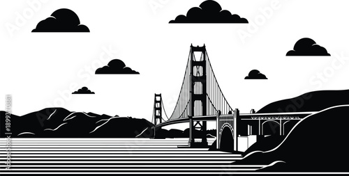 Golden Gate Bridge silhouette landscape illustration, iconic suspension bridge over water, San Francisco skyline, travel landmark, black vector art, design
