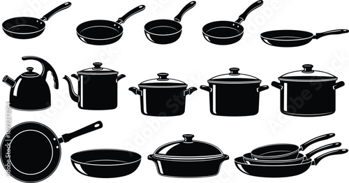 Kitchen cookware silhouette set, pots pans frying pans kettles collection, cooking utensils illustration, household kitchen equipment vector black icons isolated