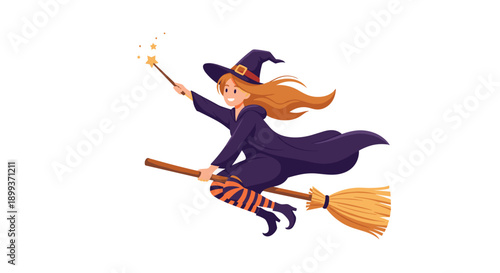 Pretty young witch with long hair flying on a wooden broomstick and waving her magic wand to create sparkling stars in the sky.