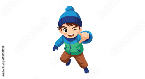 Happy young boy in winter gear including a blue jacket and hat winking and pointing his finger forward in a playful gesture.