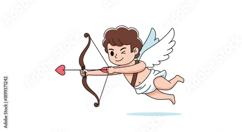 Cupid boy character flying and aiming a love heart arrow with a wooden bow while winking for a romantic valentines day greeting.