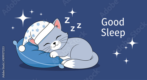 Adorable grey kitten wearing a star patterned nightcap sleeping peacefully on a blue pillow with a good sleep message in white text.