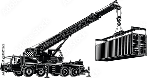 Mobile crane truck lifting shipping container, industrial cargo logistics concept, construction equipment illustration, heavy machinery transport operation, vector silhouette