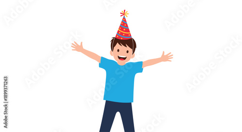 Joyful young boy wearing a colorful striped party hat and blue shirt celebrating with arms wide open against a plain white background.