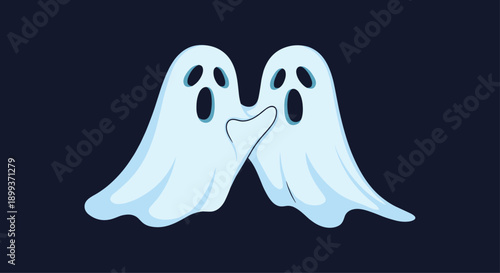 Two friendly white ghosts hugging each other against a dark blue background as a cute spooky illustration for the halloween season.