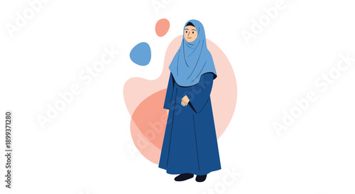 Muslim woman wearing a blue hijab and long abaya dress standing gracefully against an abstract colorful organic background shape.