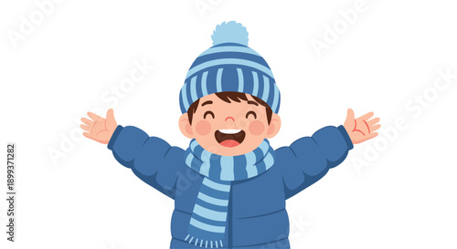 Cheerful little boy dressed in a warm blue winter jacket, scarf, and hat with arms wide open for a joyful outdoor greeting in winter.