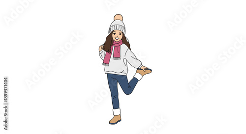 Smiling young girl wearing a white sweater, pink scarf, and beanie posing happily while lifting one leg for winter season fashion.