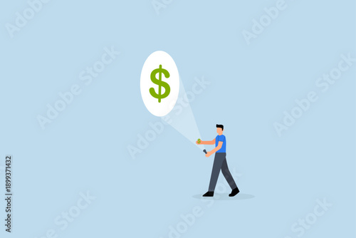 increase earning from investment, investor using flashlight aiming at a small dollar with a large dollar bill sticking out in his hand.