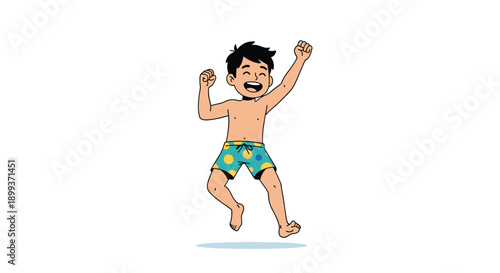 Energetic young boy wearing yellow polka dot swim trunks jumping with high joy for summer vacation and beach holiday themes.