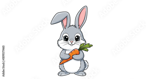 Adorable grey rabbit character holding a fresh orange carrot with its paws on a white background for easter or nature designs.
