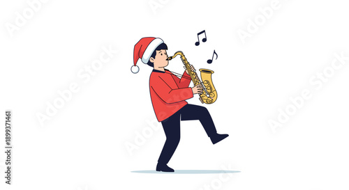 Young boy wearing a red shirt and santa hat playing the saxophone with musical notes floating around for a festive christmas concert.