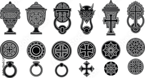 Ornate medieval door knocker silhouettes set, gothic iron hardware symbols, vintage decorative elements, black vector illustration, architectural design, collection