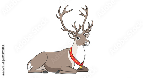 Majestic brown reindeer with large antlers lying down and wearing a festive red collar for a peaceful and calm christmas scene.