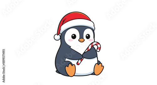Cute little penguin wearing a red santa hat and holding a candy cane as a sweet and festive winter character for the holidays.