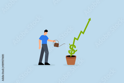 Investment growth, investor watering little plant with US dollar sign rising up chart.