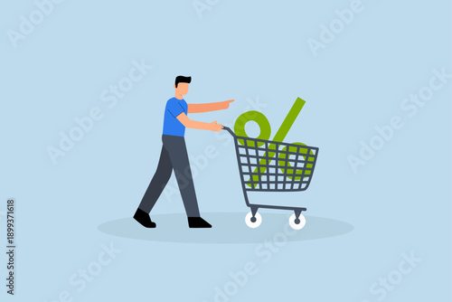 Shopping discount percentage, customer pushing shopping cart trolley with huge percentage sign