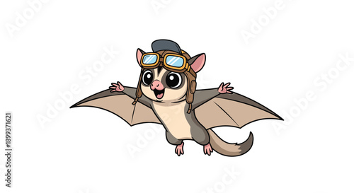 Adorable sugar glider flying through the air wearing a vintage pilot leather hat and goggles in a cute cartoon vector illustration.