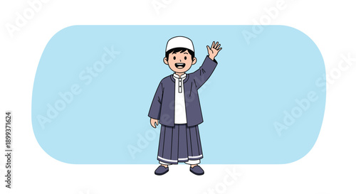Happy Muslim boy wearing a traditional purple robe and white kufi cap waving his hand against a light blue oval background.