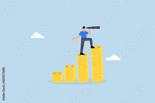 Financial visionary, businessman head on growth money stack using a telescope or spies looking forward to bright future