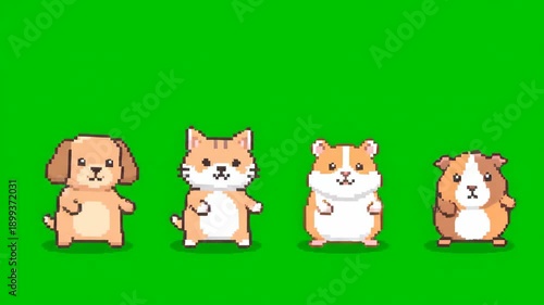 Pixel Art Animals Dancing Together on Green Screen