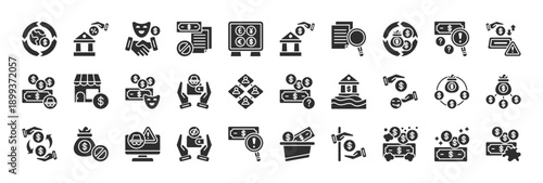 money laundering icon set collection in glyph style. icon set consist of cross border, tax shelter, masked deal, fake paper, fund mixing, step placement, paper trail, cash cycle.
