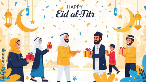 Muslims exchanging gifts during Eid al-Fitr celebration.