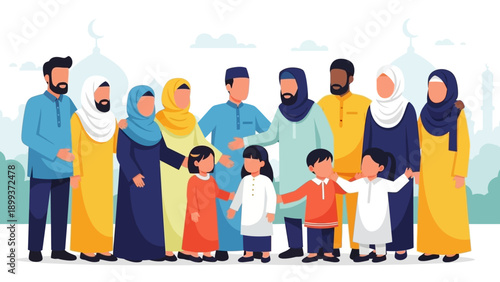 Diverse Muslim family and friends celebrating together happily.