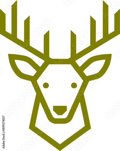 Minimalist geometric deer head logo with antlers, line art stag silhouette, hunting and nature wildlife emblem.