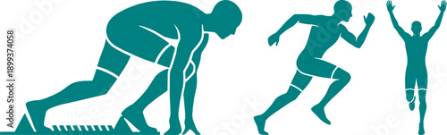 Sprinter silhouette sequence from starting blocks to running and celebrating victory, success and achievement concept, teal flat vector illustration.