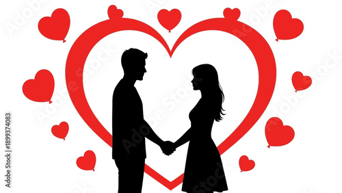 Loving couple holding hands in front of giant heart symbol