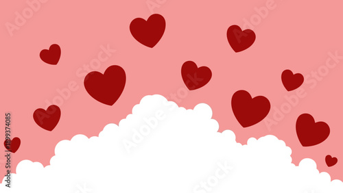 Romantic hearts floating on fluffy white clouds in pink sky