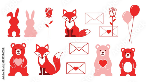 Cute red animals with hearts and flowers for Valentine's Day