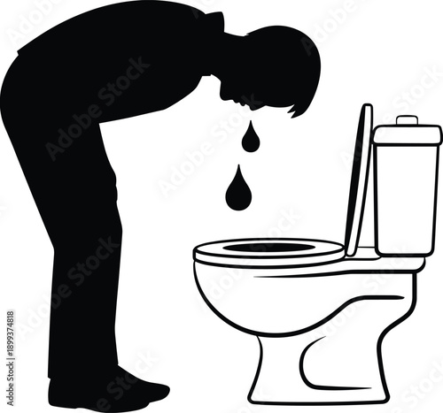 Black silhouette of sick man vomiting into toilet bowl representing nausea food poisoning stomach flu morning sickness digestive issues and medical health symptoms concept