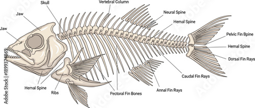 Flat vector illustration of fish skeleton anatomy diagram showing skull, jaw, vertebral column, ribs, fin rays, labeled educational biology design