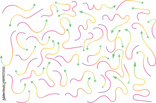 Vector hand-drawn doodle arrows set with gradient rainbow lines and green arrowheads, pointing in various directions.