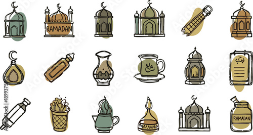 Adobe Illustrator Artwork. Colorful collection of Ramadan icons depicting Islamic traditions, elements of fasting, prayer, and celebration, including mosque, moon, dates, and family gathering for fest