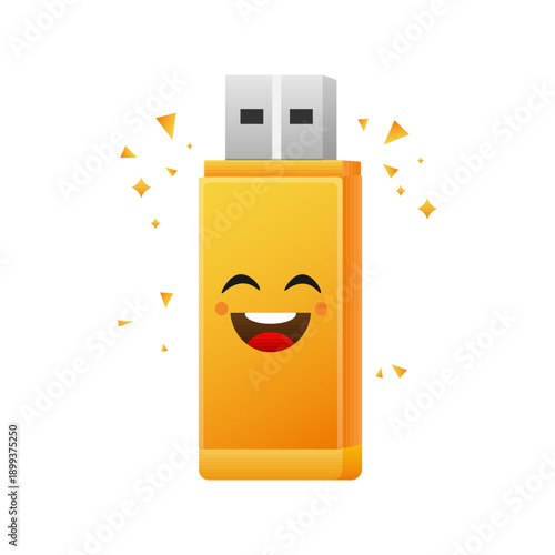 Happy USB Flash Drive Character, Safe Data Storage and Positive Technology Concept, Flat Vector Illustration
