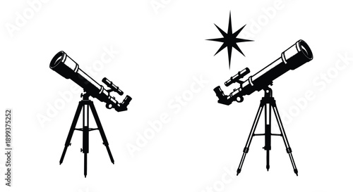 Two telescopes gazing at a star minimalist black silhouette