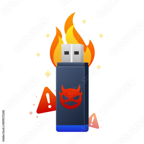 Burning USB Flash Drive with Warning Symbol, Dangerous Malware and Cyber Attack Concept, Flat Vector Illustration